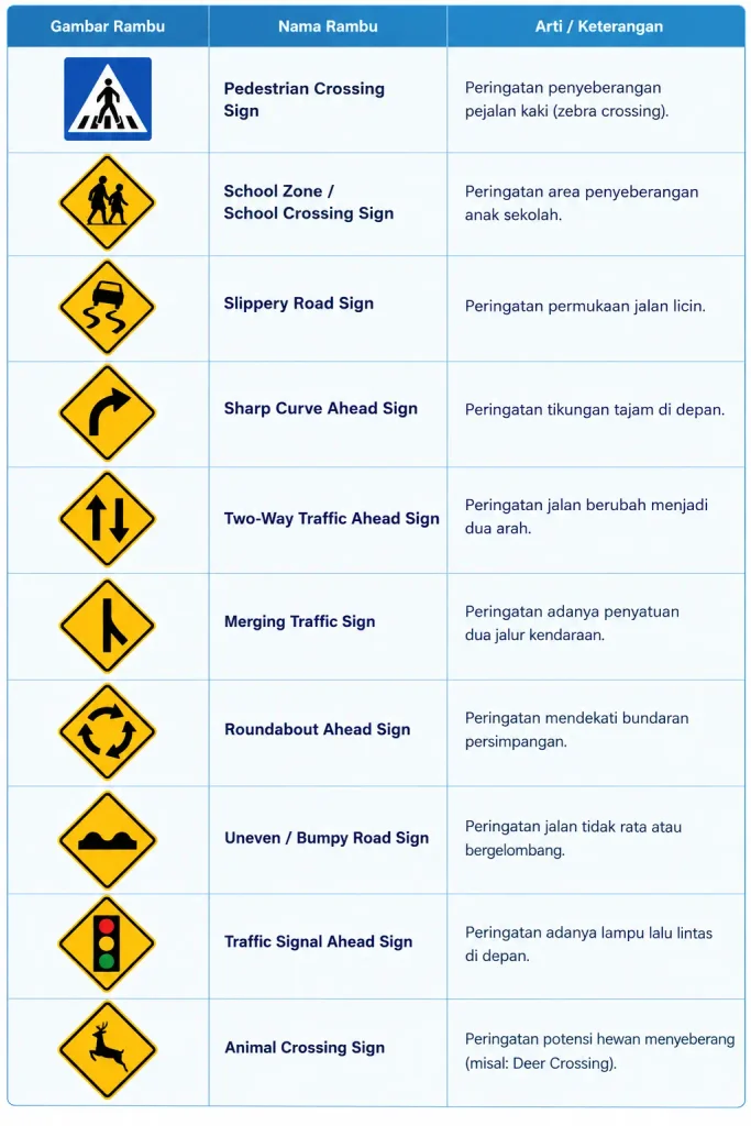 Warning Signs (Rambu Peringatan) - traffic sign dalam bahasa inggris